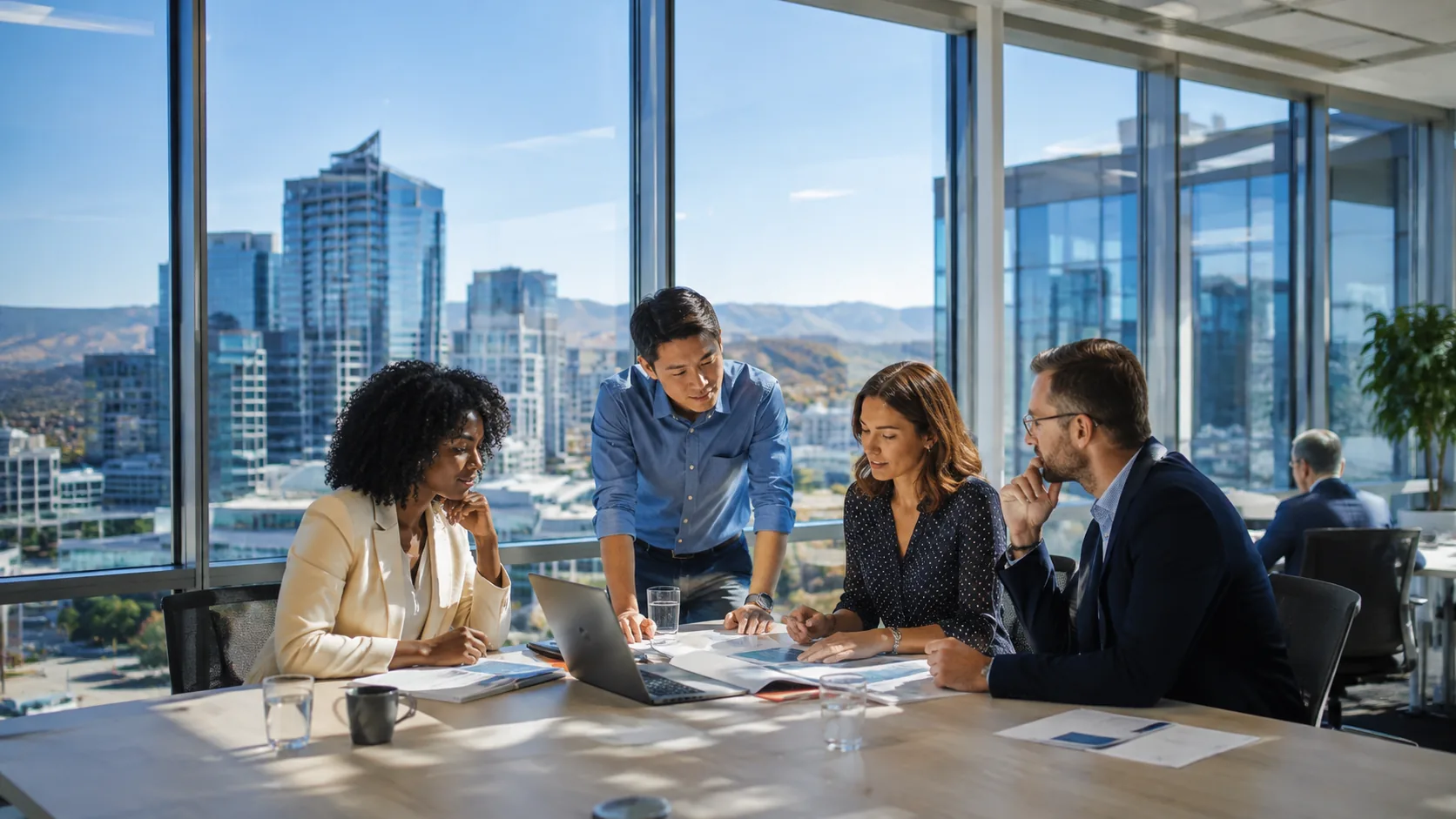 Consulting team discussing a client project in a professional office